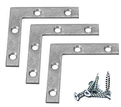 Extra Heavy Duty 12 Pack L Type Flat Zinc Plated Steel Corner Braces Angle Brackets 3"" x 3"" with 1/2"" x 6 Screws